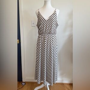 H&M Ivory Black Stripe Spaghetti Strap Midi Dress M Elastic Waist